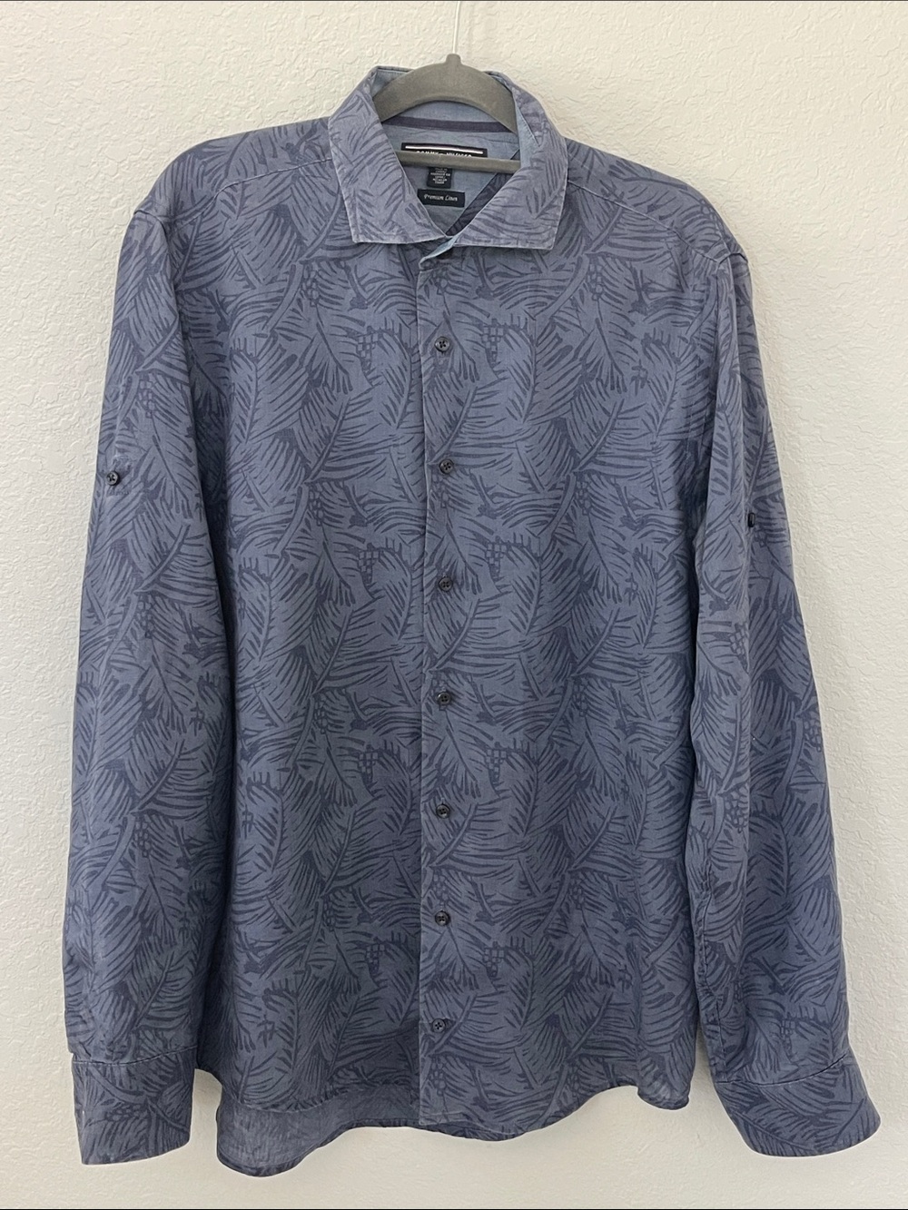 Tommy Hilfiger Premium Linen Men’s M Blue Tropical Leaf Roll Tab Shirt